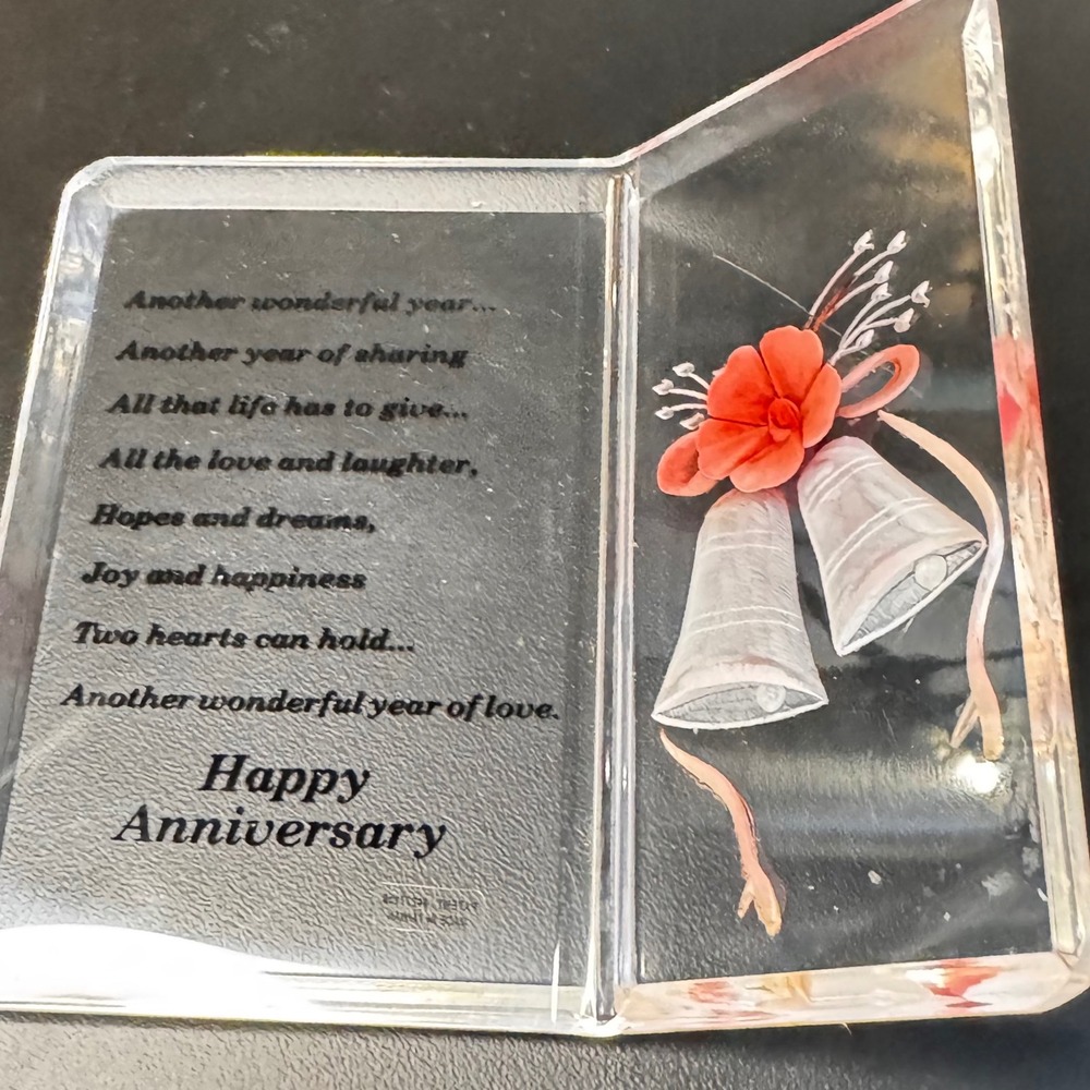Vintage Anniversary Lucite‎ Book Poem Clear Gift Plaque Bells 1970s Gift Decor